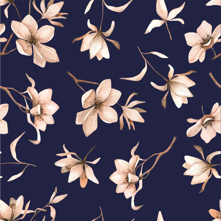 Seamless floral pattern with magnolias on a dark-blue background, watercolor. Vector illustration.のイラスト素材