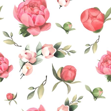Pastel watercolor hand drawn paint pink flower seamless pattern.のイラスト素材