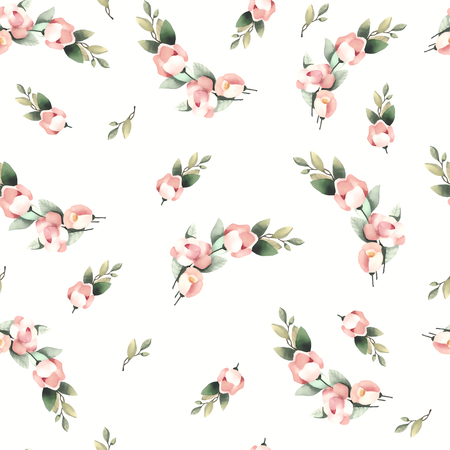 Pastel watercolor hand drawn paint pink flower seamless pattern.のイラスト素材