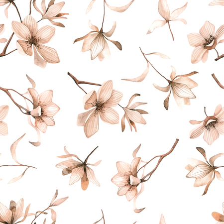 Seamless floral pattern with magnolias on a white background, watercolor. Vector illustration.のイラスト素材