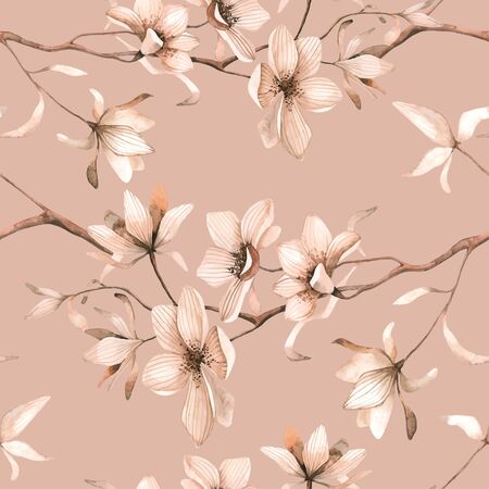 Seamless floral pattern with magnolias on a beige background, watercolor. Vector illustration.のイラスト素材