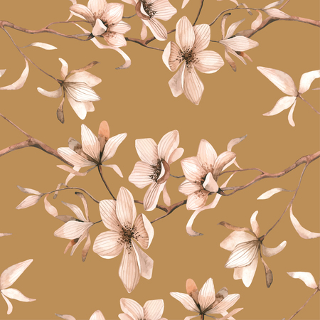 Seamless floral pattern with magnolias on a brown background, watercolor. Vector illustration.のイラスト素材
