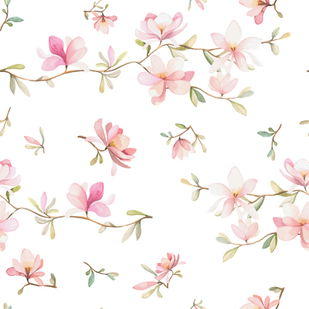 Seamless floral pattern with magnolias on a white background, watercolor. Vector illustration.のイラスト素材