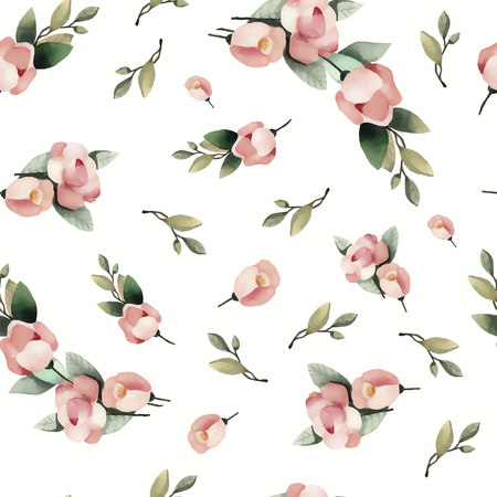 Pastel watercolor hand drawn paint pink flower seamless pattern.のイラスト素材