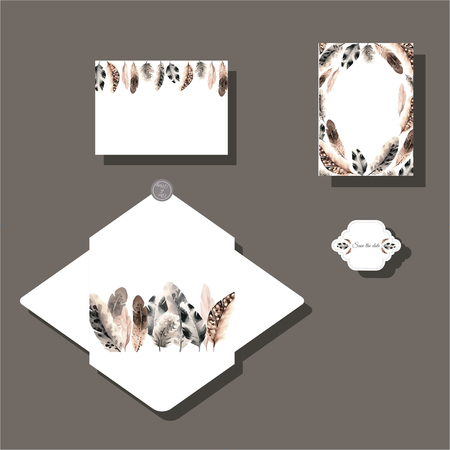 save the date cards set with feathersのイラスト素材