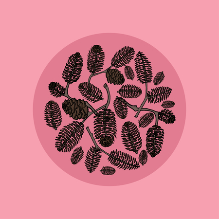 Round frame with cones of alders illustration.のイラスト素材