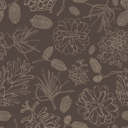 Hand drawn vector illustrations. Seamless pattern with pine cones. Forest endless background.のイラスト素材