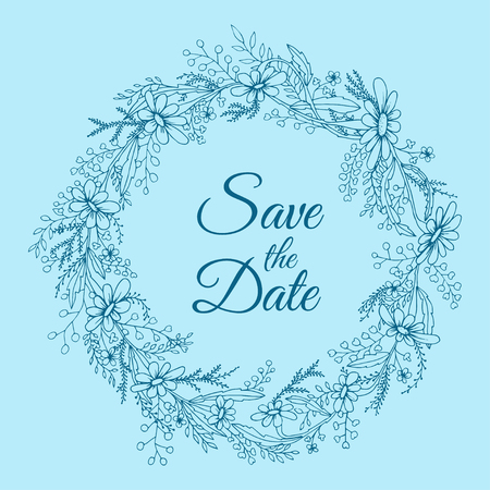 Handdrawn wreath made in vector. Unique decoration for greeting card, wedding invitation, save the date. Summer flowers with space for your text.のイラスト素材