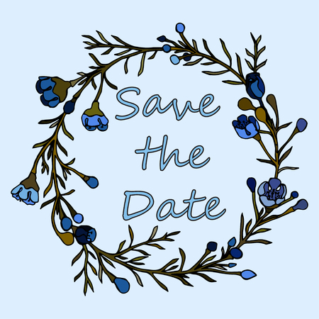 Handdrawn wreath made in vector. Unique decoration for greeting card, wedding invitation, save the date. Summer flowers with space for your text.のイラスト素材