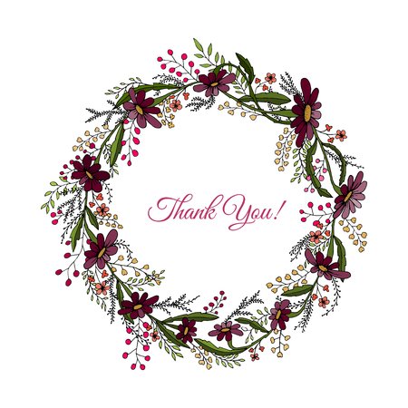 Handdrawn wreath made in vector. Unique decoration for greeting card, wedding invitation, save the date. Summer flowers with space for your text.のイラスト素材