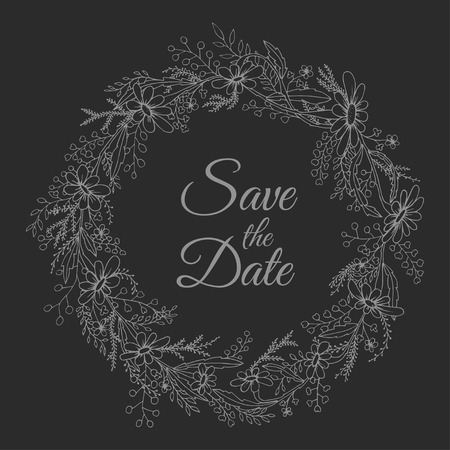 Hand drawn wreath made in vector. Unique decoration for greeting card, wedding invitation, save the date.のイラスト素材
