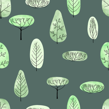 Watercolor vector trees seamless pattern on green backgroundのイラスト素材