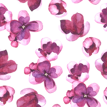 Soft pastel color floral background. Purple Lilac flowers and petals watercolor style vector seamless patternのイラスト素材