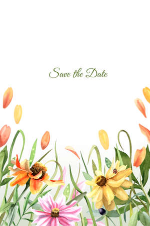 Save the date card with watercolor floral border. Calendula flowers, leaves, grassの写真素材