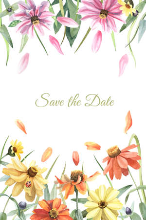 Save the date card with watercolor floral border. Calendula flowers, leaves, grassの写真素材