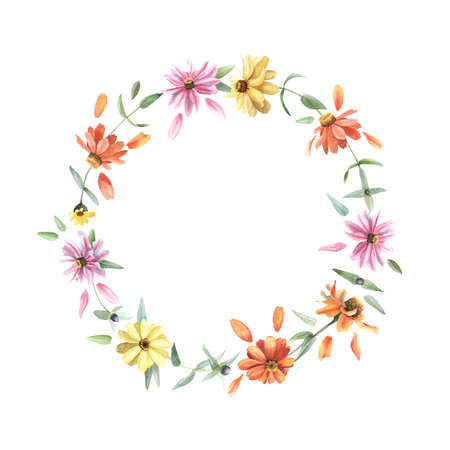 Save the date wreath with watercolor flowers. Calendula flowers, leaves, budsの写真素材