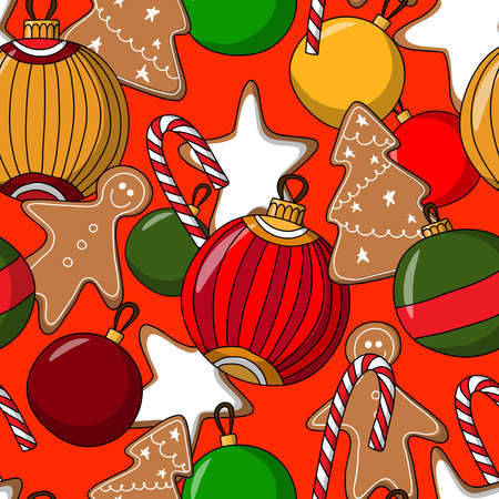 seamless vector pattern for merry christmas and happy new year with ginger cookies and Christmas ballsのイラスト素材