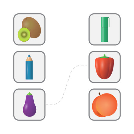 Game for kids. Match pair. Fruits, vegetables and pens.のイラスト素材