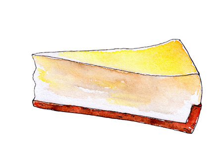 Watercolor illustration of a piece of cheesecake on a white backgroundの写真素材