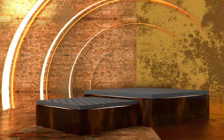 3d rendering schene with gold grunge elements and podium.の写真素材