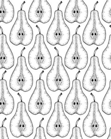 Hand drawn seamless pattern with sliced pear and leaves. Engraved design elementsの写真素材