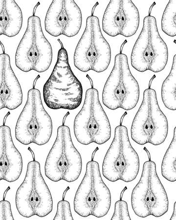 Hand drawn seamless pattern with sliced pear and leaves. Engraved design elementsの写真素材