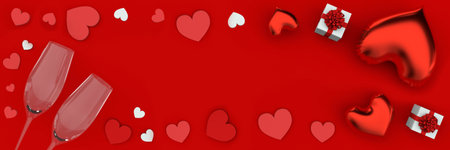 Valentines day flat lay with glasses, hearts, balloons and gift box. Happy Valentine's Day banner and gift card 3d illustration template. High quality photoの写真素材