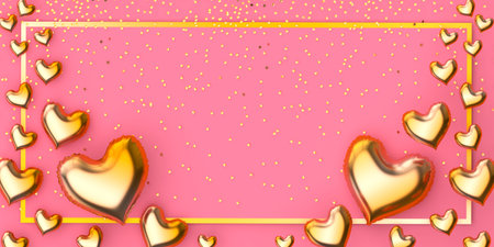 Valentines day flat lay gold balloon 3d illustration with ribbon. Happy Valentine's Day banner and gift card template. High quality photoの写真素材