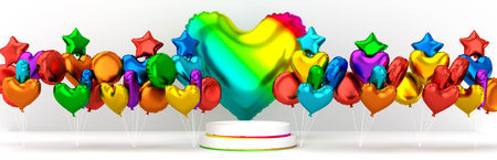 Podium for product with colorfull rainbow helium ballons in heart shape. Valentine's day banner. 3d illustration great for birthday, love and romantic postcard. ... High quality photoの写真素材