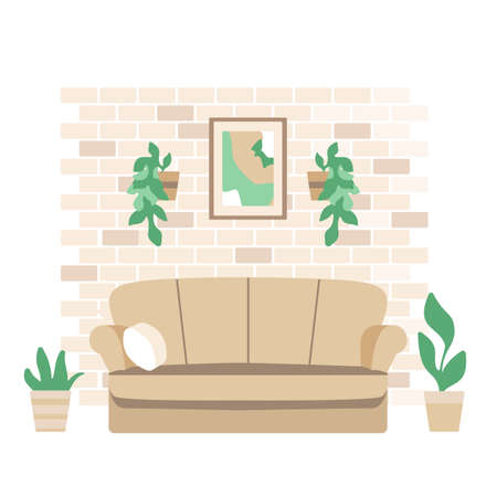 Pink sofa with table and plant in living room. Cozy interior flat cartoon vector illustration.のイラスト素材