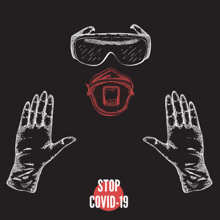 Vector Stop covid-19 banner with medical gloves and glass.のイラスト素材