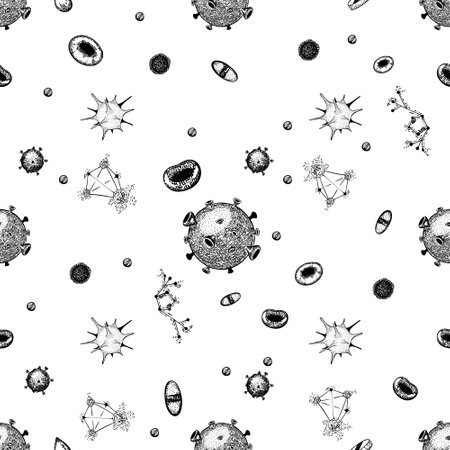Seamless vector pattern with virus cells, chemictry and other medical elementsのイラスト素材