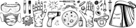 virus medical equipment and tools banner. Hand drawn elements.のイラスト素材