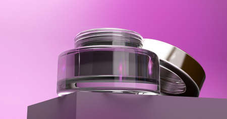 Cosmetic package.3d rendering background for beauty advertisements. Mock up of Glass Cream jar with metallic cap. 3d in trendy very Peri fashion color.Advertising cream for the face. Blank beauty make-up Container. bottom view.Luxury bottle design isolated on violet. beautiful highlights. High quality 3d illustrationの写真素材