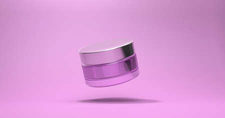 3d rendering flying jar cream with realistic shadows. Cosmetic package. 3d blank violet mock up of glass cream jar with metallic cap.Advertising cream for face cream for body in tryndy very peri fashion color. Beauty transparent make-up floating container.Side view.Luxury bottle design isolated on violet.Beautiful highlights.の写真素材