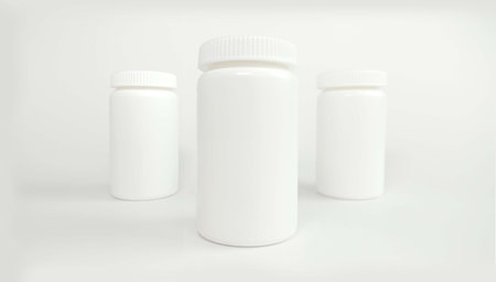 White bottle mock up with scattered yellow vitamins on white background. Yellow capsules with fish fat, omega 3 or vitamin D. Blank bottle. Selective focus with depth of field.の写真素材