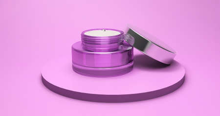 Cosmetic package.3d rendering background for beauty advertisements. Mock up of Glass Cream jar with metallic cap. 3d in trendy very Peri fashion color.Advertising cream for the face. Blank beauty make-up Container. bottom view.Luxury bottle design isolated on violet. beautiful highlights. High quality 3d illustrationの写真素材