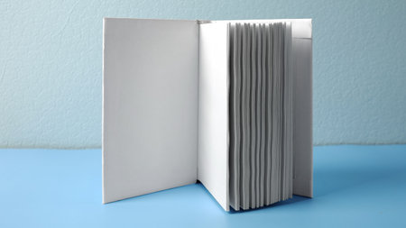 A mockup of an open book isolated on blue .mockup with shadow. book endpaper. Blank catalog, magazines or brochure.の写真素材