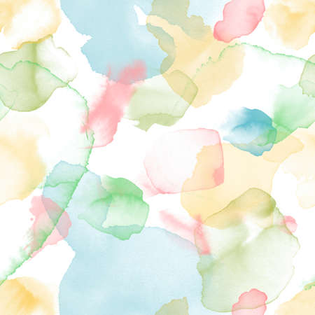Seamless background pattern with light pink, blue, yellow and green brush and stains painted in watercolor. Watercolor pattern. Handdrawn texture. Abstract dots. Wet handdrawn brush.Template is perfect for children's wallpaper, poster, fabric textile, greeting card.Romantic watercolour texture. High quality illustration. High quality illustrationの写真素材