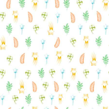 Watercolor botanical and magical seamless pattern Four-leaf clover, branch, feather, magic wand, star and comet.Hand magic elements. Hand drawn decorations, scrapbooking, cards for birthday, party,baby shower. High quality photoの写真素材
