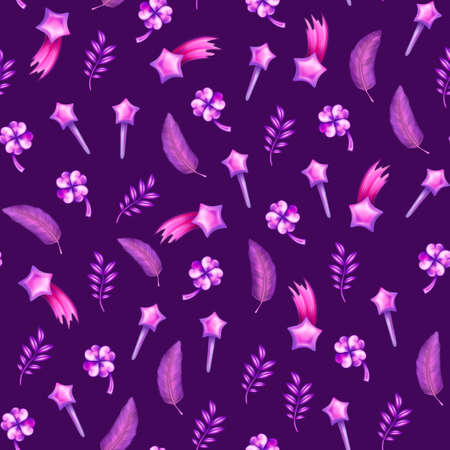 Pencil botanical and magical seamless pattern in violet color.Four-leaf clover, branch, feather, magic wand, star and comet.Hand magic elements. Hand drawn decorations, scrapbooking, cards for birthday, party,baby shower. High quality photo. High quality photoの写真素材
