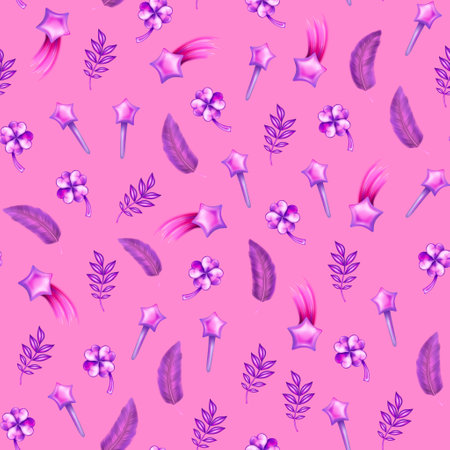 Pencil botanical and magical seamless pattern in violet color isolated on pink .Four-leaf clover, branch, feather, magic wand, star and comet.Hand magic elements. Hand drawn decorations, scrapbooking, cards for birthday, party,baby shower. High quality photo. High quality photoの写真素材