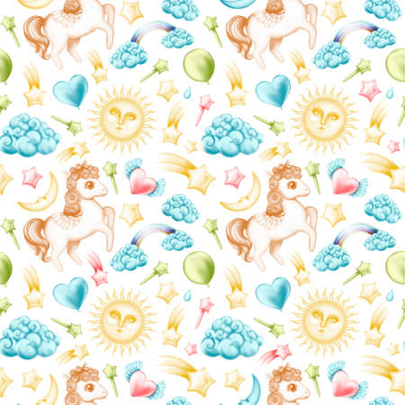 Isolated cute watercolour unicorn pattern. Nursery unicorn aquarelle with clouds, Four-leaf clover, branch, feather, magic wand, star, rainbow and comet. Hand magic elements. Hand drawn decorations, scrapbooking, cards for birthday, party,baby shower. High quality photoの写真素材