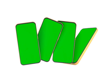 Ux iu screens.Smartphone with green screen isolated on white background.3d rendering of template for phone app.Realistic template with four screen.Blank device.の写真素材