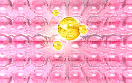 3d rendering of human skin cells with serum treatment. Transparent close up Macro Liquid Bubbles microstructure.Pink stem cells sphere with shine.Transverse scientific section of the epidermis cell layer.Microscopic molecular concept. High quality 3d illustrationの写真素材