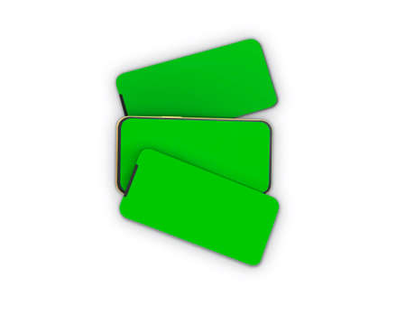Ux iu screens.Smartphone with green screen isolated on white background.3d rendering of template for phone app.Realistic template with four screen.Blank device.の写真素材