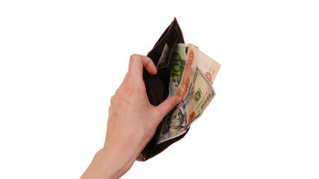 A womans hand holds an open wallet with one hundred euros. Isolated on a blue background. Cash, euro.Financial crisisの写真素材