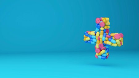 A pharmacy symbol made of multicolored pills and pills. 3d illustration of the pharmacy plus. Banner for a pharmacy on blue backgroundの写真素材