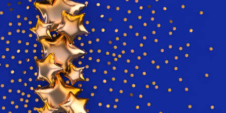 Figured Golden Balloon shine Stars Isolated on dark blue background with confetti.3d rendering birthday postcard.の写真素材