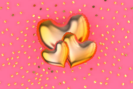 Air Balloons of heart shape composition with glitter. Valentines day 3d illustration. Holiday flatlay bannerの写真素材